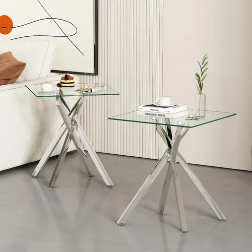 Mesa auxiliar moderna de cristal, mesa auxiliar cuadrada para sofá, mesa auxiliar con parte superior de vidrio templado transparente y patas plateado