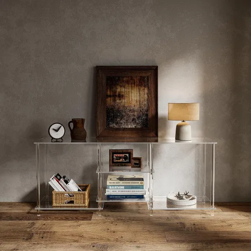Miniatura 5 de Eglaf - Soporte acrílico para TV de 55 pulgadas, centro de entretenimiento de 3 niveles, hasta 60 pulgadas Clear TV Console Table with Open