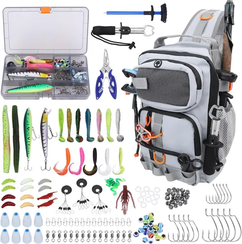 Mochila de pesca con cajas de aparejos, bolsa de hombro de pesca impermeable con soporte para caña, bolsa de pescado con kit de 136 señuelos de Gris