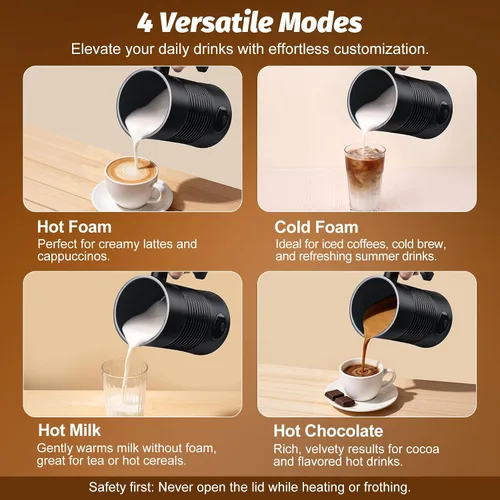 Miniatura 2 de Espumador de leche y vaporizador, espumador de leche eléctrico 4 en 1, máquina de espuma fría y caliente, capacidad de 11.8 onzas, calentamiento