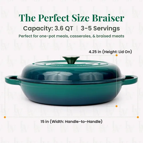 Miniatura 2 de Larder & Vine Brasera de Hierro Fundido Esmaltado Brasera de 3.6 qt con Tapa Horno Holandés Poco Profundo Compatible con Todas las Cocinas