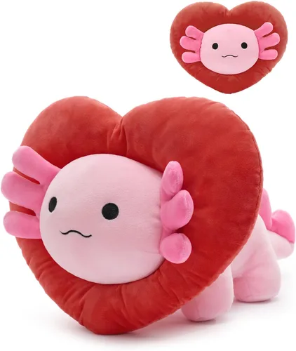 Miniatura 8 de MaoGoLan Peluche de ajolote de San Valentín con capucha en forma de corazón, almohada de peluche de salamandra blanda y suave, regalo de peluche
