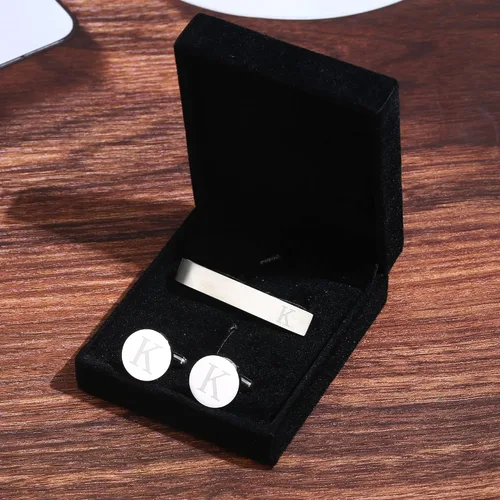 Miniatura 28 de LOYALLOOK - Gemelos de acero inoxidable grabados con inicial y clip de corbata, diseño de letras del alfabeto con caja de regalo, A-Z