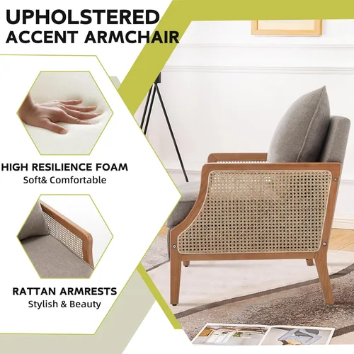 Miniatura 6 de HAOBO Home Silla decorativa moderna de mediados de siglo, sillas tapizadas para sala de estar, sillón con reposabrazos de ratán, cómoda silla de Topo