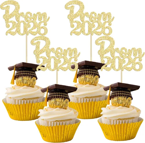 Miniatura 9 de Gyufise 24 piezas de decoración para cupcakes con purpurina para graduación 2026, decoración de pasteles para graduación 2026, decoración de Negro