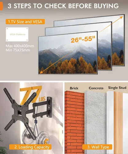 Miniatura 6 de Soporte de pared para TV de movimiento completo para la mayoría de televisores de 26 a 55 pulgadas, soporte de pared para TV en esquina