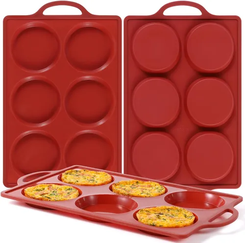 Miniatura 16 de CAKETIME Molde para huevos de silicona con marco reforzado de metal de 3 pulgadas para sándwiches de desayuno, molde redondo de silicona