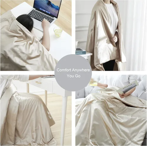 Miniatura 5 de Manta de seda – Manta de satén plegable de enfriamiento beige para sofá, cama, campamento, al aire libre, viajes, coche – Manta súper suave y ligera