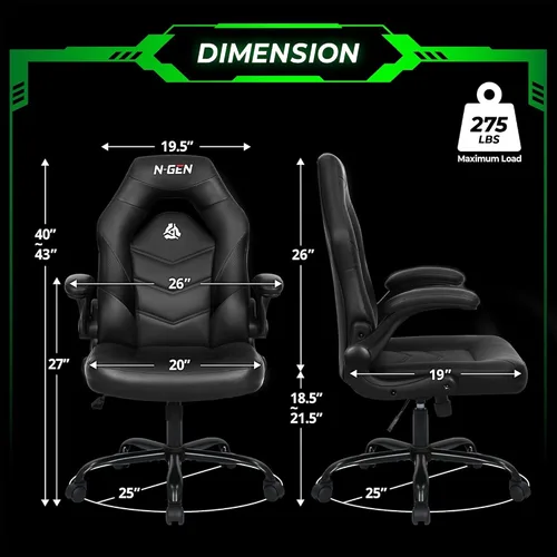 Miniatura 3 de N-GEN GAMING Silla de escritorio para videojuegos ergonómica con soporte lumbar, altura ajustable, brazos abatibles y ruedas giratorias con diseño