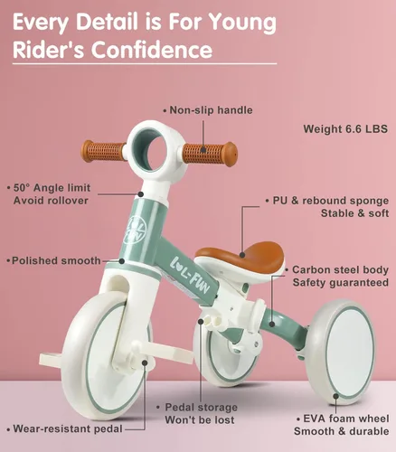 Miniatura 7 de LOL-FUN Triciclo para niños de 1 a 3 años, niños y niñas, juguete, bicicleta de equilibrio 4 en 1 para niños de 1 y 2 años, bicicleta para niños