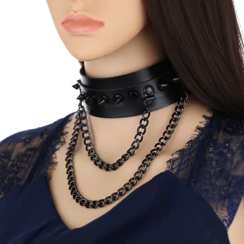 Miniatura 6 de FM FM42 Gargantilla unisex multicolor de piel sintética con remaches en tono negro con picos de 2 capas