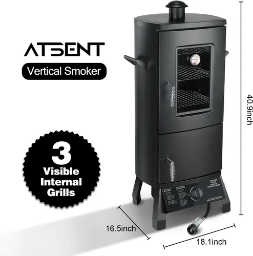Miniatura 3 de Ahumador de propano, ahumador vertical con tres estantes extraíbles, parrillas al aire libre y ahumadores con termómetro para barbacoa, patio Negro