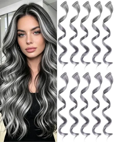 Miniatura 19 de 10 extensiones de cabello sintético rizado y ondulado negro con clip, reflejos de fiesta de neón arcoíris, accesorios de cabello coloridos