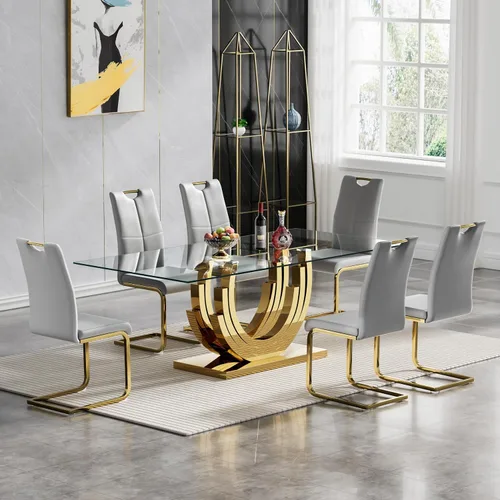 Miniatura 21 de Juego de mesa de comedor de cristal dorado moderno de 70 pulgadas para 4, juego de mesa rectangular de 5 piezas con base de acero en forma de anillo