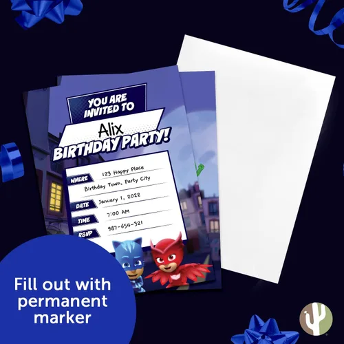 Miniatura 5 de Desert Cactus PJ Masks Invitations - Tarjetas de invitaciones de fiesta para niños y niñas, 10 unidades con sobres, feliz cumpleaños (estilo B)