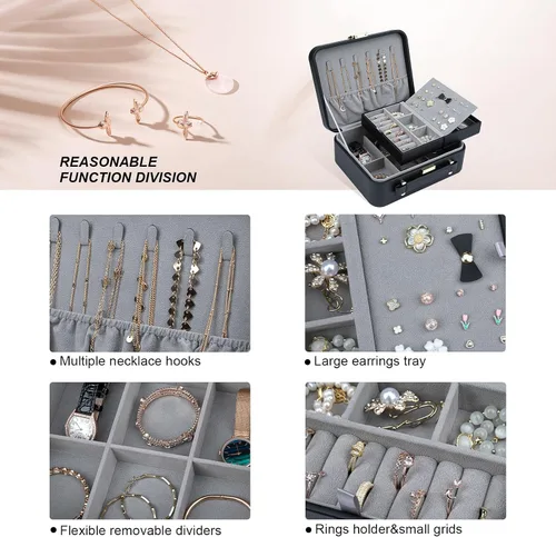 Miniatura 4 de V-LAFUY Joyero para mujer, organizador de joyas de viaje con bandeja de joyería para anillos, aretes, collares, pulseras y relojes, color negro