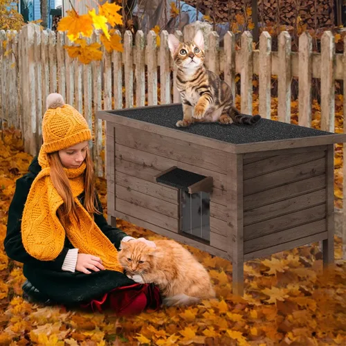 Miniatura 6 de Casa para gatos al aire libre, refugio para gatos totalmente aislado exterior de madera para múltiples gatos, condominios callejeros, granero, gato