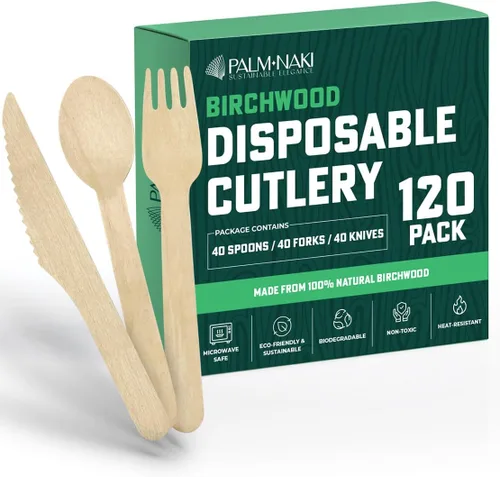 PALM NAKI Birchwood Cutlery (40 unidades) – Vajilla desechable, ecológica, cubiertos compostables y biodegradables (juego de cubiertos, 120 unidades)