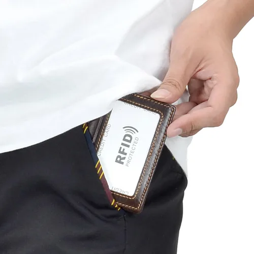 Miniatura 6 de HAWEE Billetera de bolsillo frontal plegable para hombre, de piel auténtica, con bloqueo RFID, tarjetero
