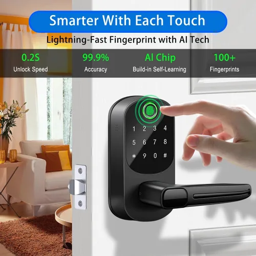 Miniatura 2 de Cerradura inteligente con asa, cerradura de puerta de entrada sin llave de huellas dactilares, control de aplicación, cerrojo de teclado con bloqueo