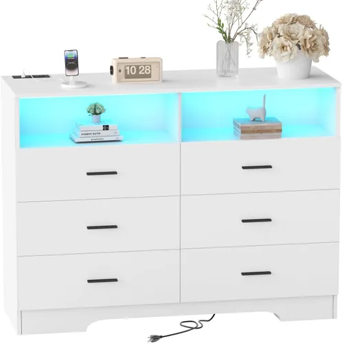 Miniatura 12 de FJTJBSI Cómoda con Tomas de Corriente de Madera de 6 Cajones con Organizador Grande Blanco Organizador de Almacenamiento Alto con Riel de Metal Liso