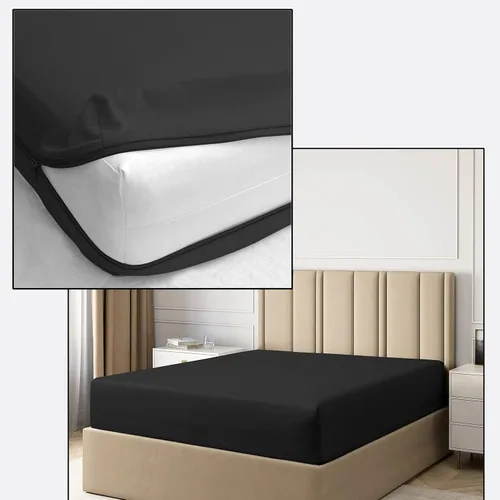 Pure Eco Sábana bajera con cremallera, tamaño Queen olímpico de 66 x 80 pulgadas, bolsillo profundo de 12 pulgadas, color negro, 600 hilos, 100%