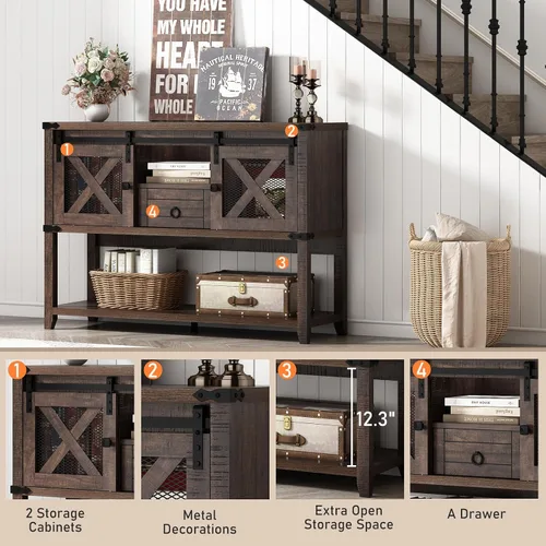 Miniatura 6 de Hlivelood Mesa de Entrada Estilo Granja con 2 Puertas Corredizas de Granero y Cajón, Mesa Consola Rústica de 46'' con Almacenamiento, Espacio