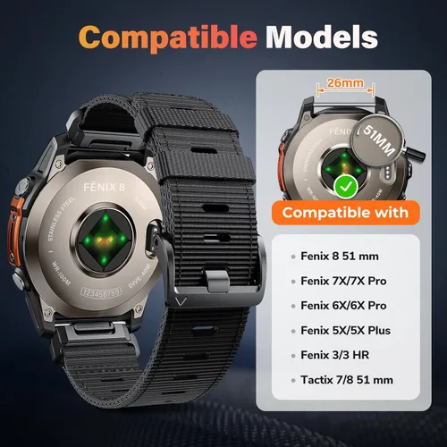 Miniatura 5 de Compatible con Garmin Fenix 7X/Fenix 6X/Fenix 5X/Fenix 8 2.008 in/5X Plus/6X Pro/7X Pro, correa de nailon Quickfit 26 para Tactix 7/Descent Negro XG