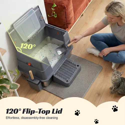 Miniatura 4 de Caja de arena cerrada de acero inoxidable con tapa, caja de arena de metal extra grande para gatos grandes, caja de arena extraíble para gatos