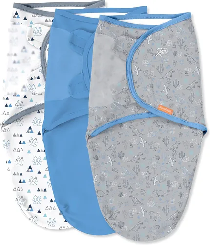 SwaddleMe by Ingenuity Original Swaddle, 100% algodón, mejora el sueño y calma el reflejo de sobresalto, 0-3 meses, paquete de 3 - Dino Time