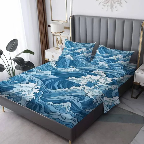Miniatura 11 de Juego de sábanas de 3 piezas con diseño de mar y puesta de sol, tamaño individual, juego de sábanas y fundas de almohada estampadas de microfibra