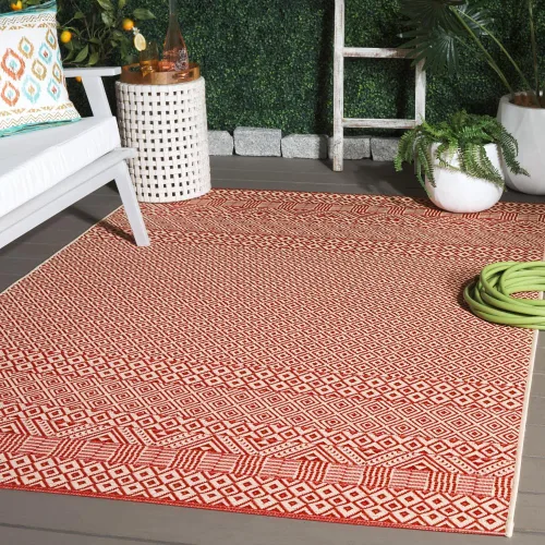 Miniatura 36 de SAFAVIEH Alfombra lavable para exteriores, colección Courtyard de 2.3 x 6.7 pies, beige y azul aguamarina, no desprende pelusa y es fácil