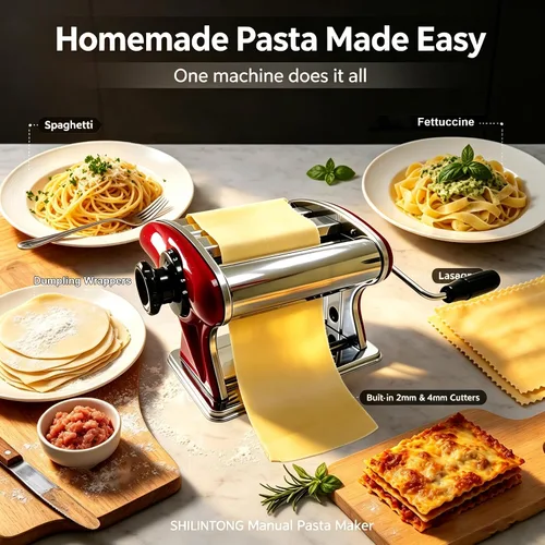 Miniatura 7 de Máquina manual de pasta, máquina de fideos de acero inoxidable 2 en 1 con cortadores integrados de 0.079 in y 0.157 in, grosor ajustable de 0.3 a