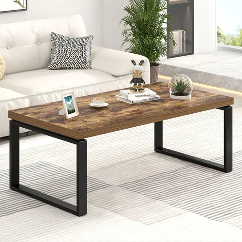 Miniatura 11 de EXCEFUR Mesa auxiliar moderna, mesa central de madera rústica y metal para sala de estar, mesa de té rectangular industrial para oficina en casa