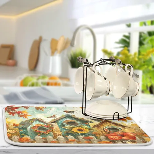 Miniatura 5 de Tapete de secado de platos de 16 x 18 pulgadas para encimera de cocina, hojas de arce y hojas de arce, tapete de microfibra reversible para secar