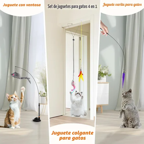 Miniatura 2 de Soarer Juguetes de plumas interactivos para gatos 4 en 1, 12 piezas de plumas de gato duraderas para caña de pescar, juguete de vara para gatos