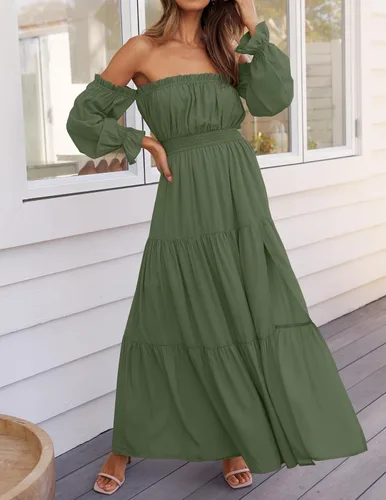 Miniatura 74 de ZESICA - Vestido largo, bohemio y sexy, con hombros descubiertos y manga larga fruncida, con elástico fruncido, cintura alta y abertura lateral