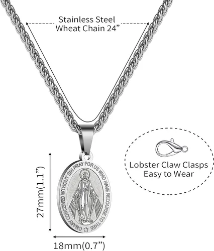 Miniatura 5 de RS Collar de Virgen María para hombre medalla milagrosa de acero inoxidable colgante de María de la Virgen medallón de María dije de Santa María