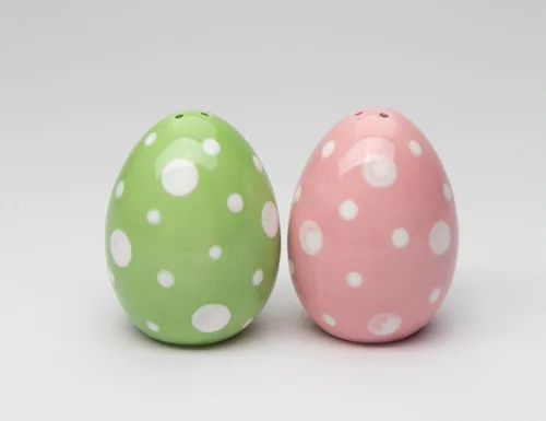 Juego de cocteleras de sal y pimentero de huevo de Pascua rosa y verde de cerámica fina, 2-3/4 pulgadas de alto