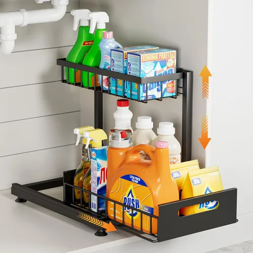 Miniatura 18 de Saydear Organizador de almacenamiento para debajo del fregadero, organizador de armario de cocina extraíble de 2 niveles con cajón deslizante, Negro