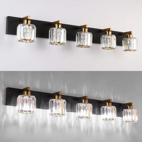 Miniatura 3 de Aipsun Lámpara de tocador de baño de cristal, accesorios de iluminación negra, 5 luces, luz de tocador de cristal para baño (excluye bombilla)