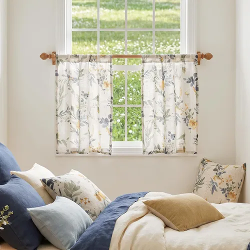 Miniatura 8 de MYSKY HOME Cortinas florales de cocina de 24 pulgadas, cortinas de lino con patrón de flores de granja, bolsillo para barra de filtro de luz aireado