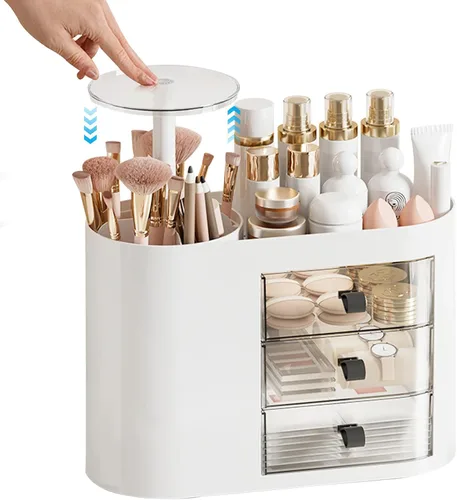 Miniatura 7 de DASITON Organizador de maquillaje con 3 cajones, soporte automático para brochas de maquillaje con tapa, organizador de maquillaje de gran capacidad