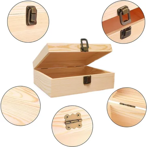Miniatura 2 de Caja de madera con tapa con bisagras, caja de regalo natural de 8 x 6 x 3 pulgadas para manualidades, cajas de joyería de bricolaje, pequeño