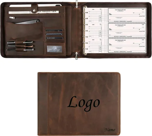 Miniatura 15 de Cuaderno de cheques personalizado de cuero para negocios, carpeta de 7 anillos grabada con soporte para libro de cheques para 3 por página, Marrón