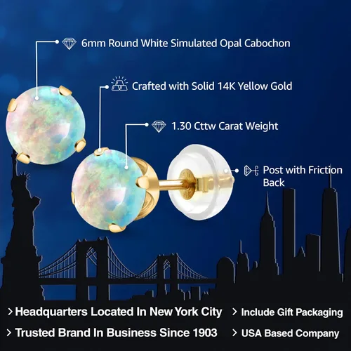 Miniatura 284 de Gem Stone King Aretes solitarios con piedra natal de oro de 14 quilates Redondos de 0.236 in Aretes de oro para mujeres y hombres