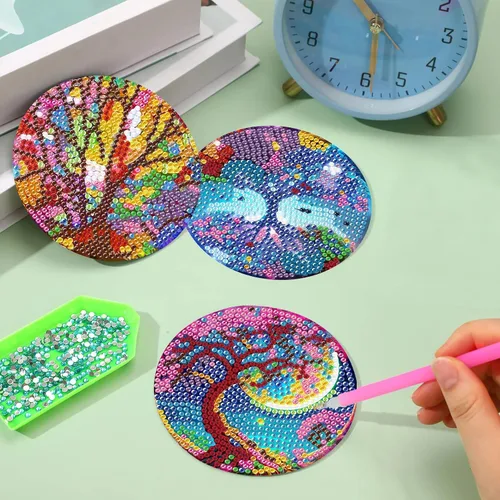 Miniatura 3 de Juego de 8 posavasos de pintura de diamantes, posavasos de pintura de diamante 5D, posavasos de arte de diamante con soporte, posavasos