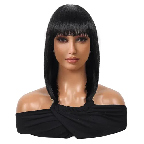 Miniatura 2 de Kalyss - Pelucas cortas de cabello negro con flequillo para mujer, peluca de cabello sintético completo, resistente al calor, peluca corta y recta