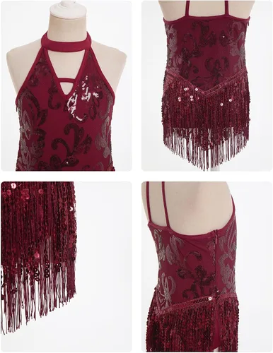 Miniatura 3 de IBAKOM Body de lentejuelas brillantes con flecos y cuello halter en V, leotardo de gimnasia para niños, espalda abierta, jazz latino, hip hop