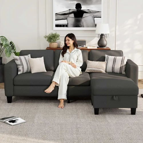 Miniatura 6 de Sofás Seccionales para Sala de Estar - Sofá Moderno en Forma de L de Lino Gris Oscuro de 3 Plazas con Otomana de Almacenamiento Reversible
